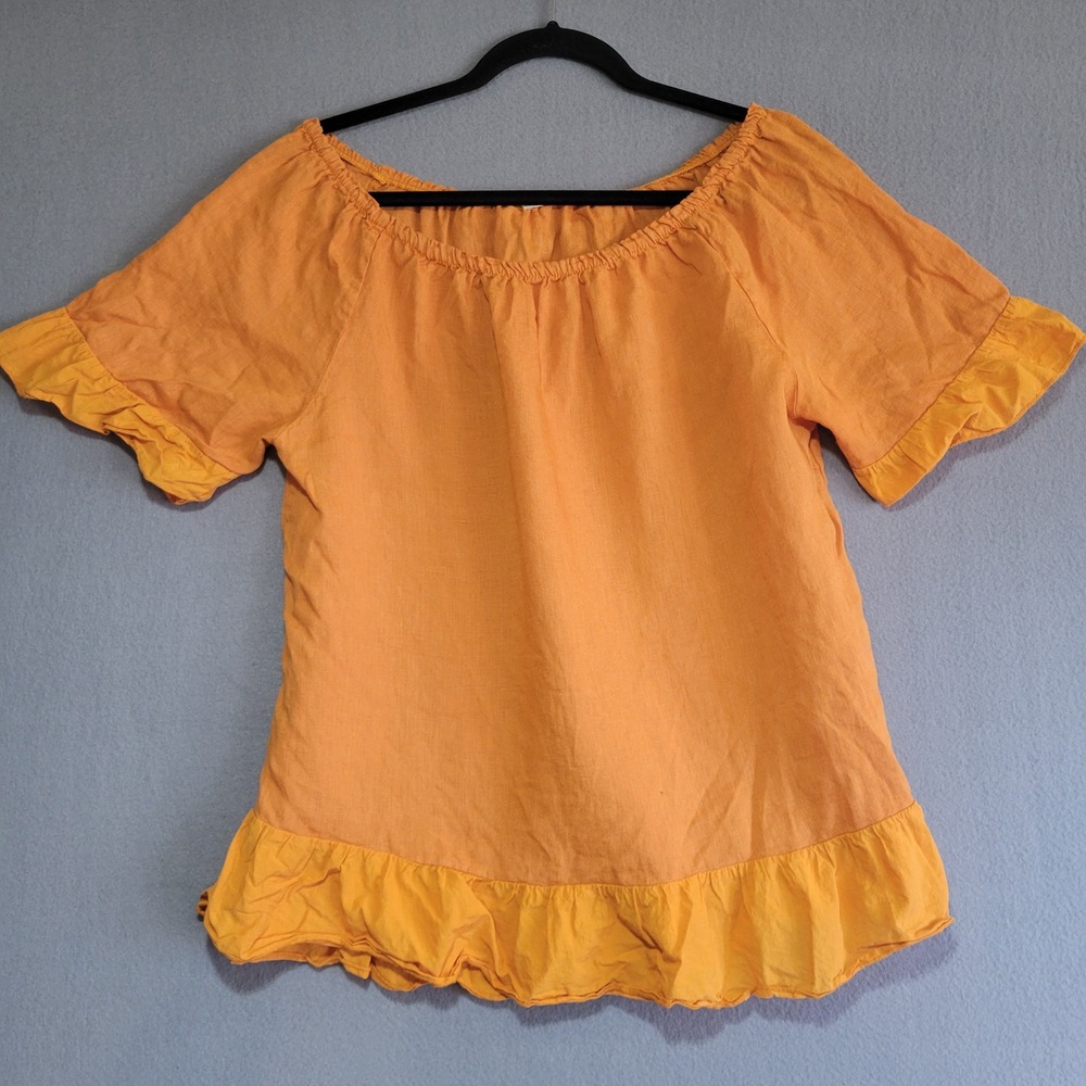 Terzo Millennio Italy Orange 100% Linen‎ Ruffle Peasant Blouse Top Large